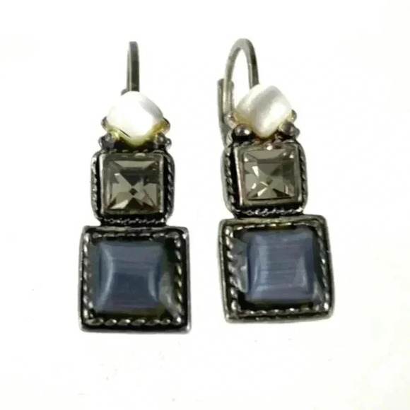 Rhinestone Square Trio Cabochon Silver Tone Metal Earrings 1.5" Jewelry - Picture 9 of 9